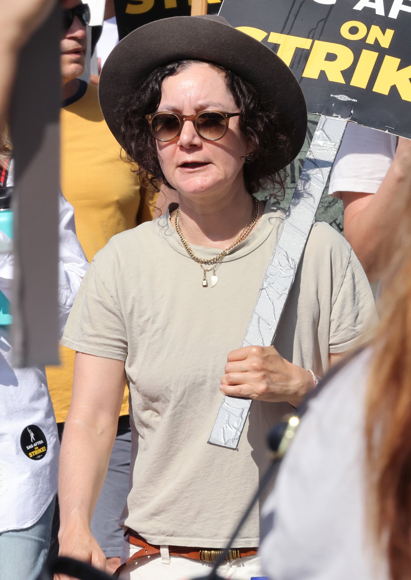 closeup of her in the picket line for the writer&#x27;s strike