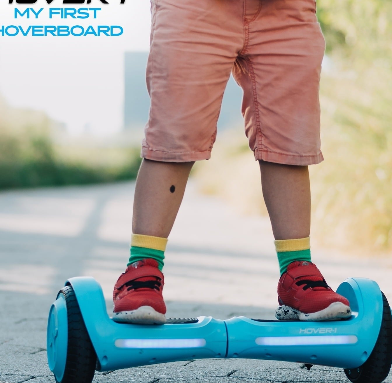 Child rides on a hoverboard