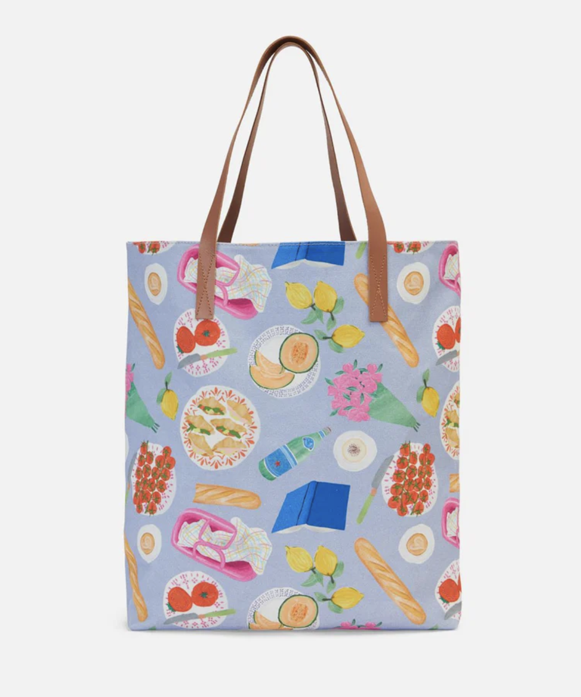 A patterned tote bag with various illustrated foods and flowers