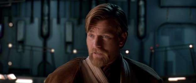 Ewan McGregor as Obi-Wan Kenobi in a scene from Star Wars, wearing his Jedi robes