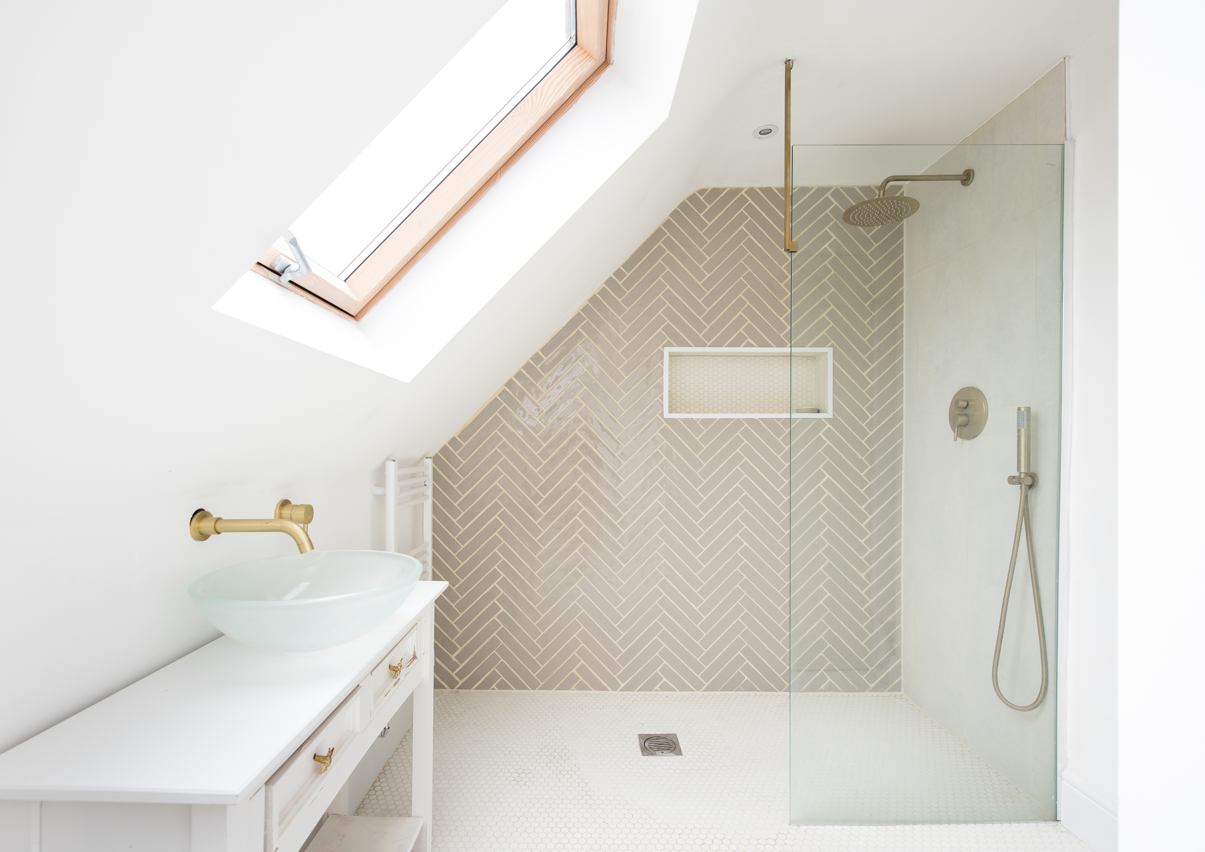 herringbone tile in a shower