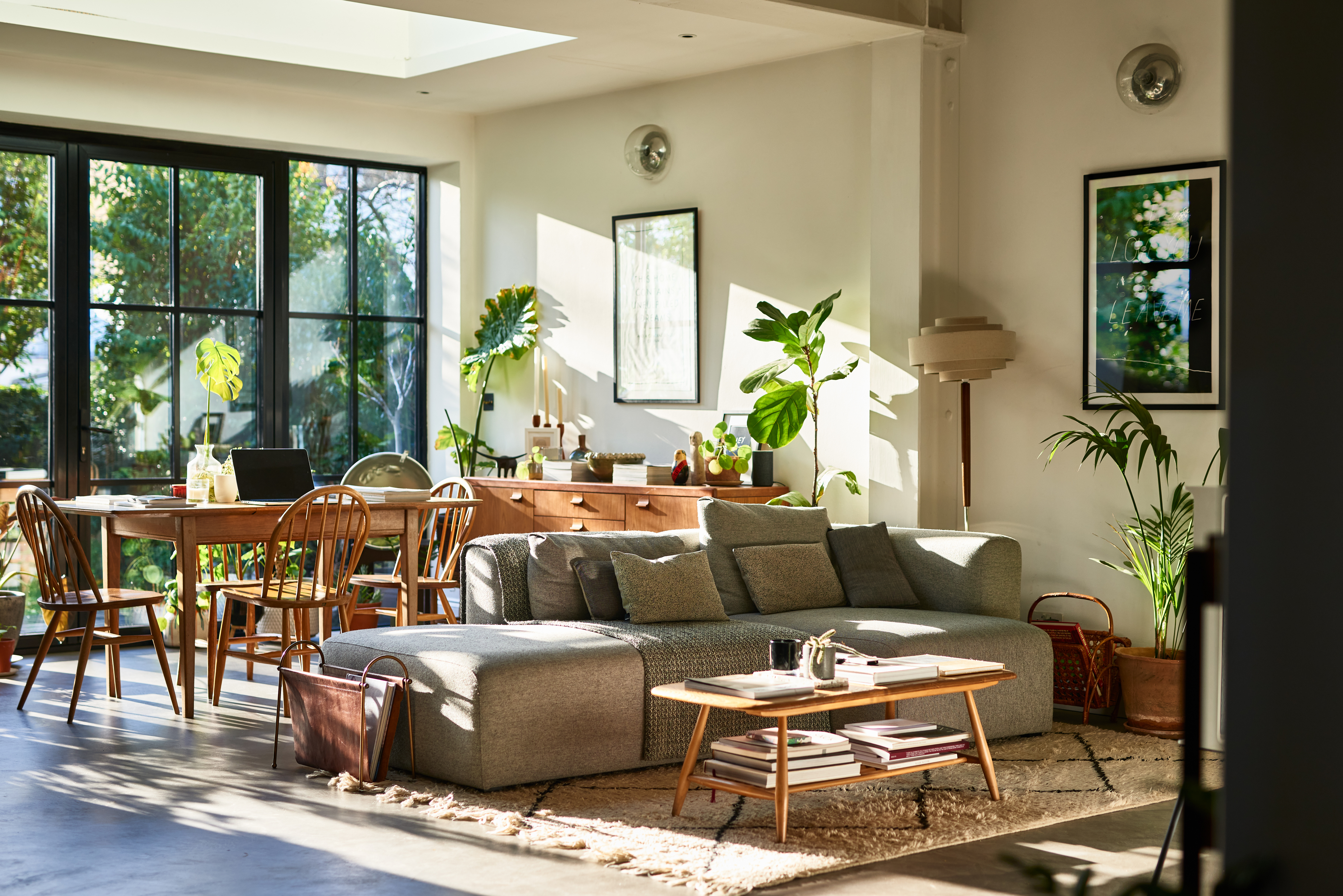 A living room/dining area with plants around the furniture