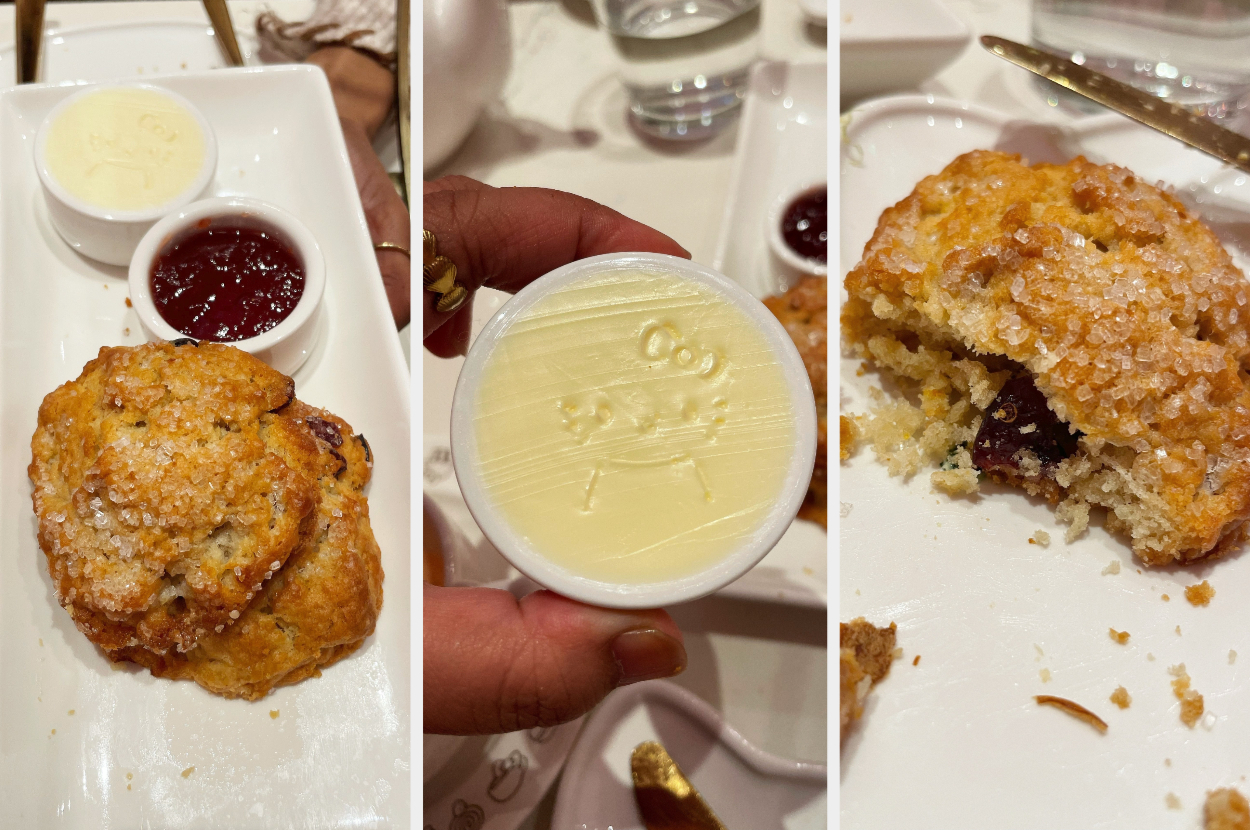 The author is showing the inside of the cranberry scone and the carving of Hello Kitty in the butter
