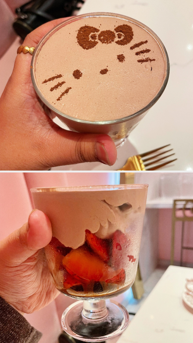There&#x27;s a Hello Kitty face dusted on top of chocolate whipped cream alongside a photo of the side of the cup
