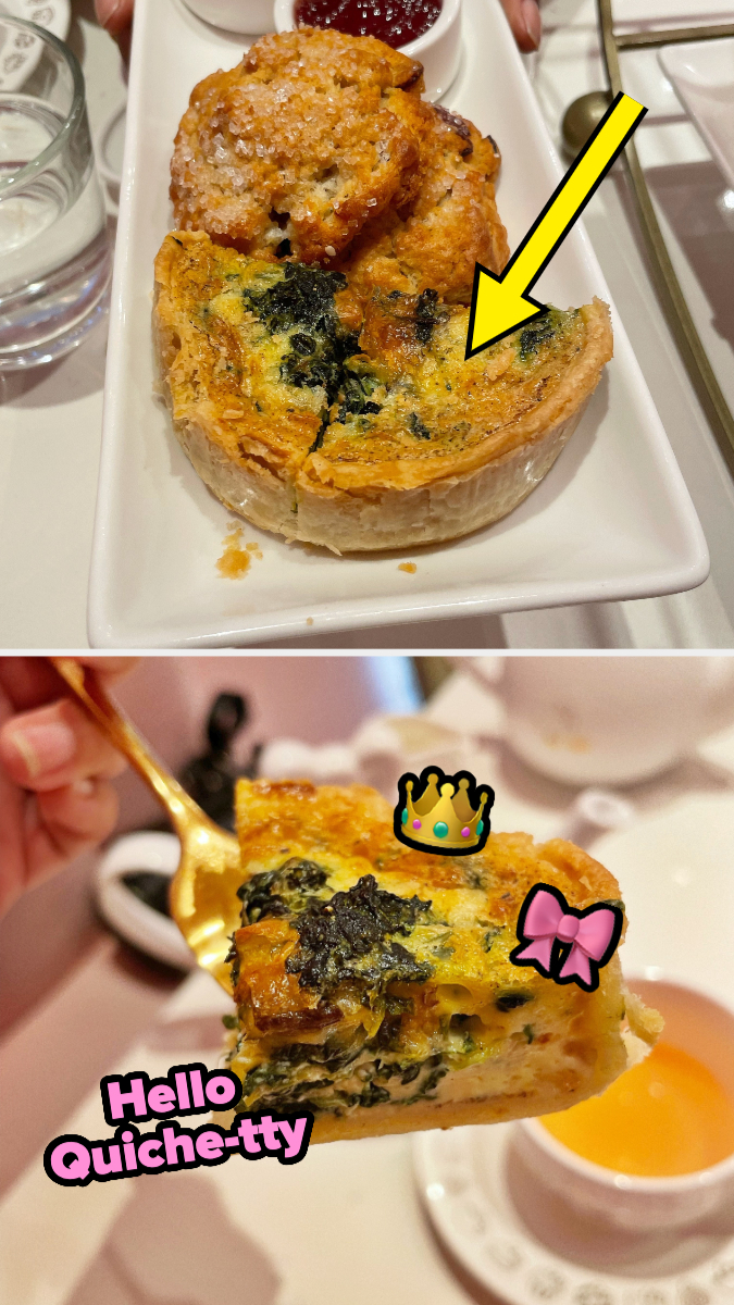 Close-up shots of the quiche with text that says &quot;Hello Quiche-tty&quot;