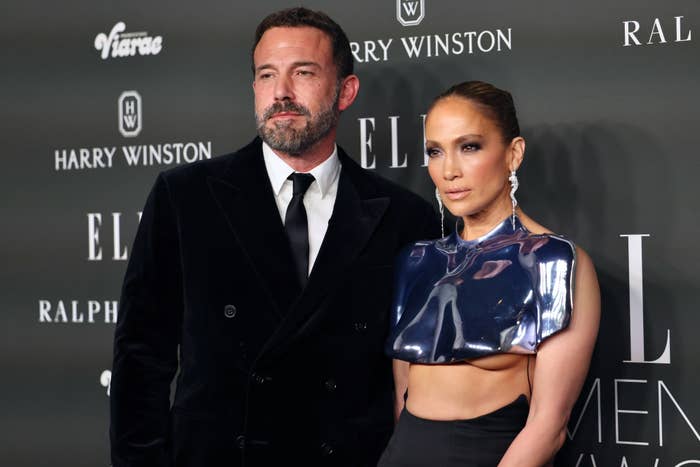 A closeup of ben and j.lo on the red carpet