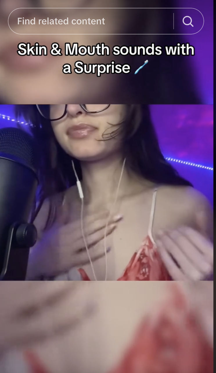 Woman in a camisole making ASMR gestures with caption about skin and mouth sounds