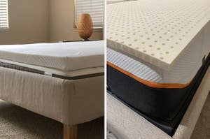 left: reviewer photo of mattress topper on mattress. right: reviewer photo of latex mattress topper on mattress.