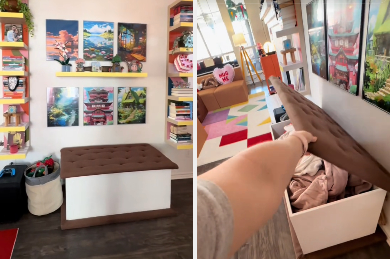 Person reaching into an open storage bench in a room with artwork on the walls