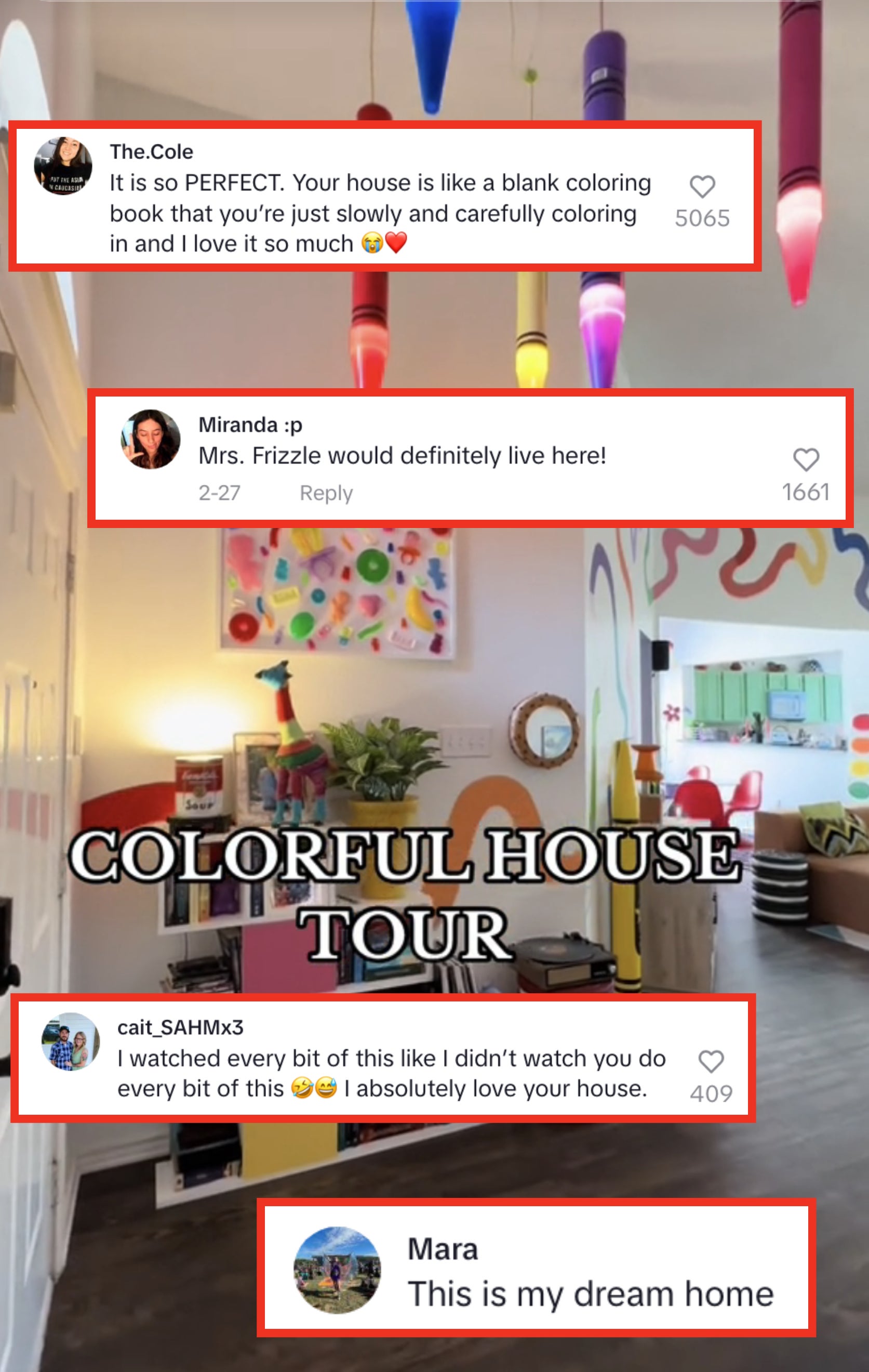 Brightly decorated room with pencils hanging from ceiling and vibrant wall art, labeled &#x27;COLORFUL HOUSE TOUR&#x27; with comments from the video of fans complimenting her space and saying they love it