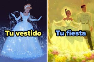 Cenicienta con su vestido mágico; Tiana y el Príncipe Naveen en una celebración