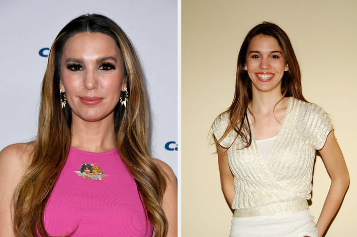 A closeup of Christy Carlson Romano vs Christy Carlson Romano smiling for a photo with her hands in her back pockets