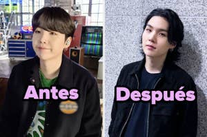 Dos fotos de Min Yoongi de BTS  Antes" and "Después