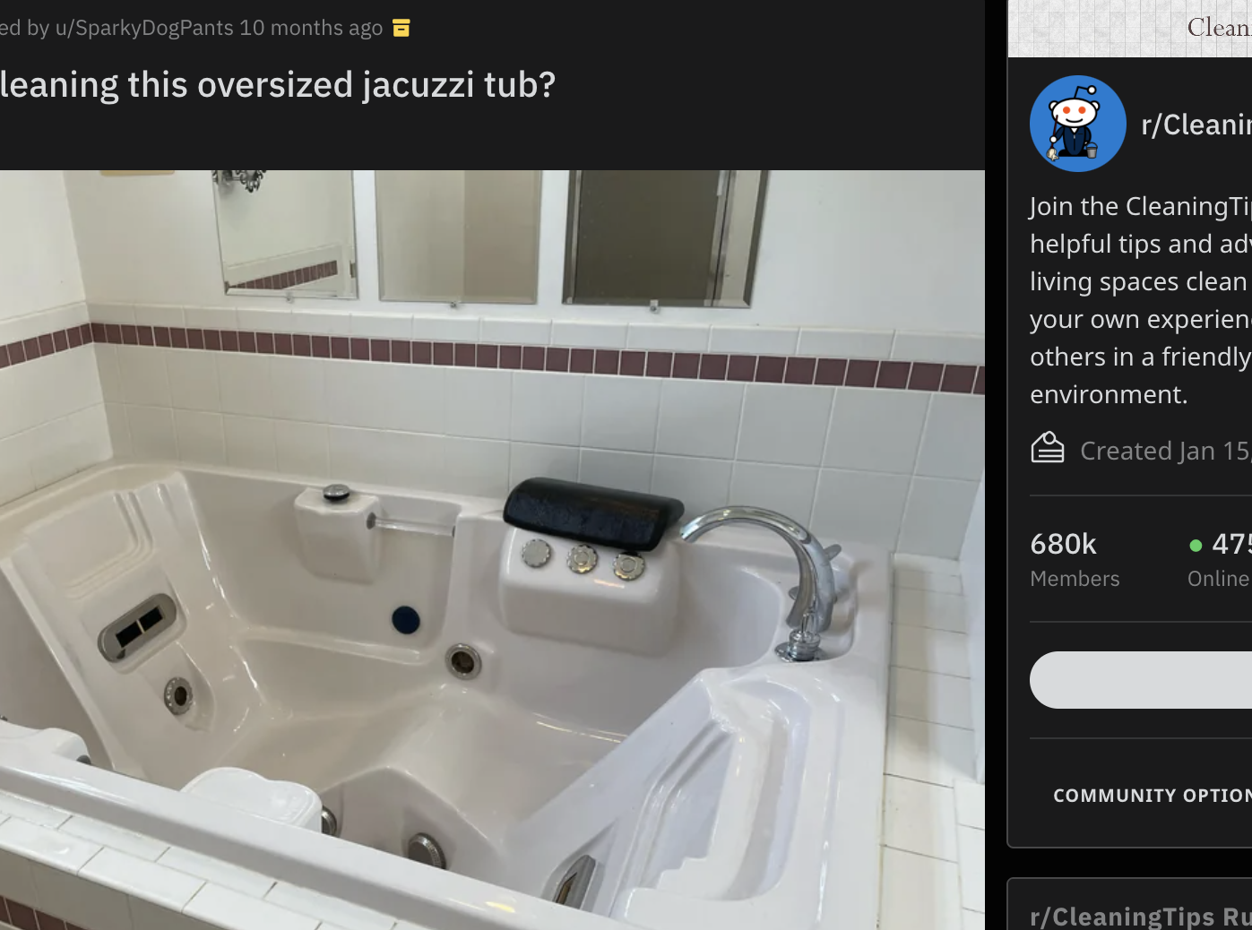 Person seeking advice on cleaning an oversized, dirty jacuzzi bathtub