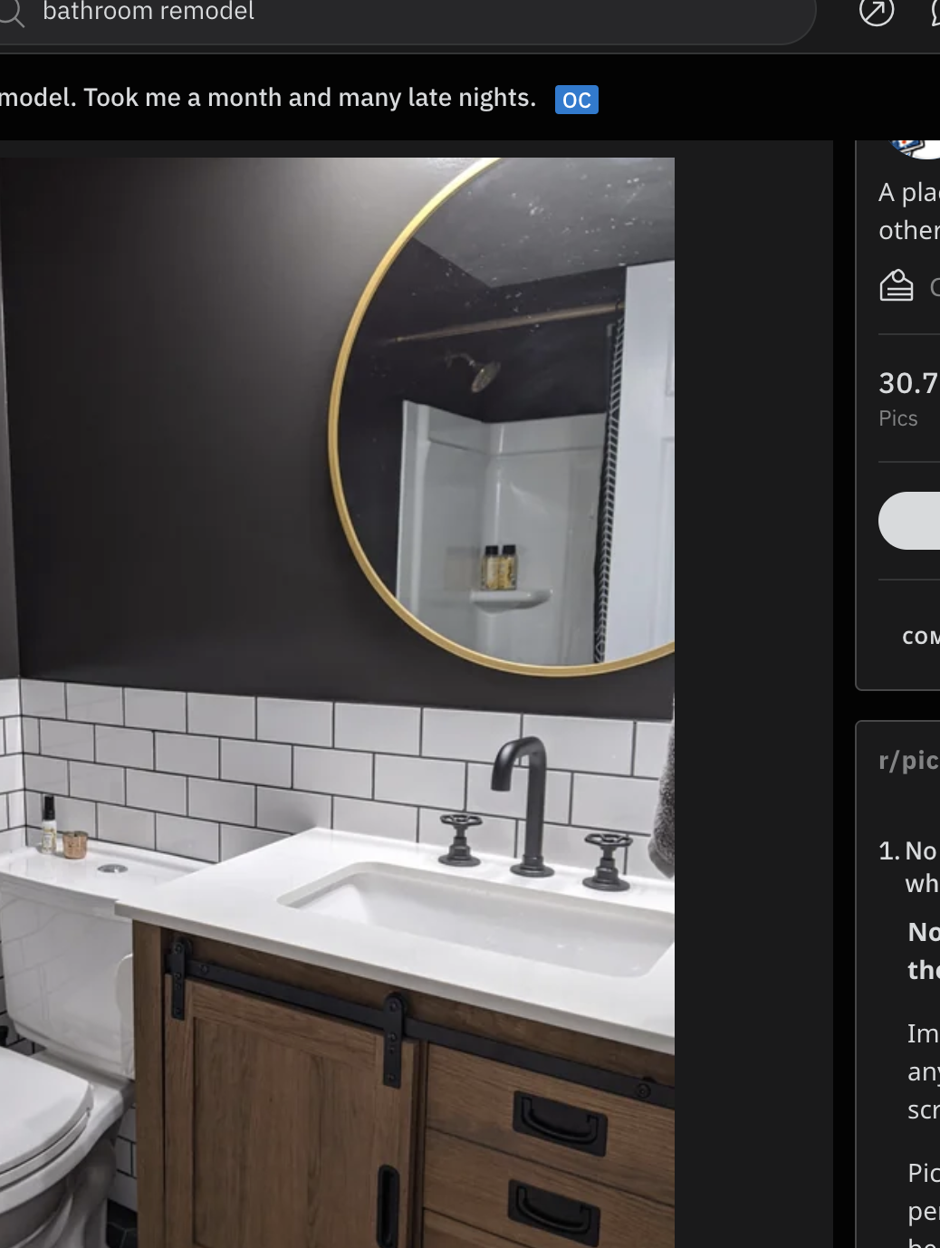 Modern styled bathroom with mirror, sink, and tiled walls