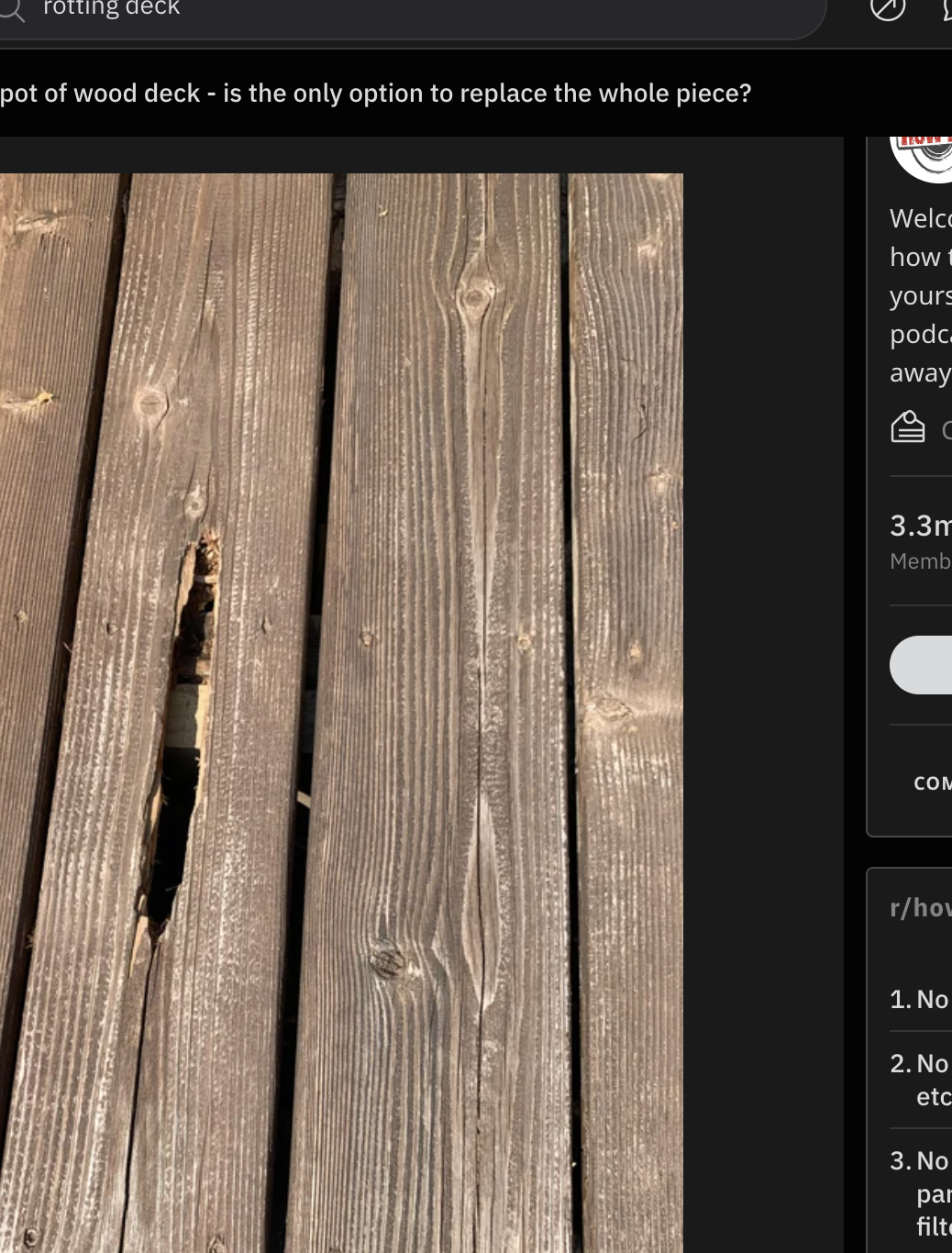 Damaged wooden deck with a prominent crack