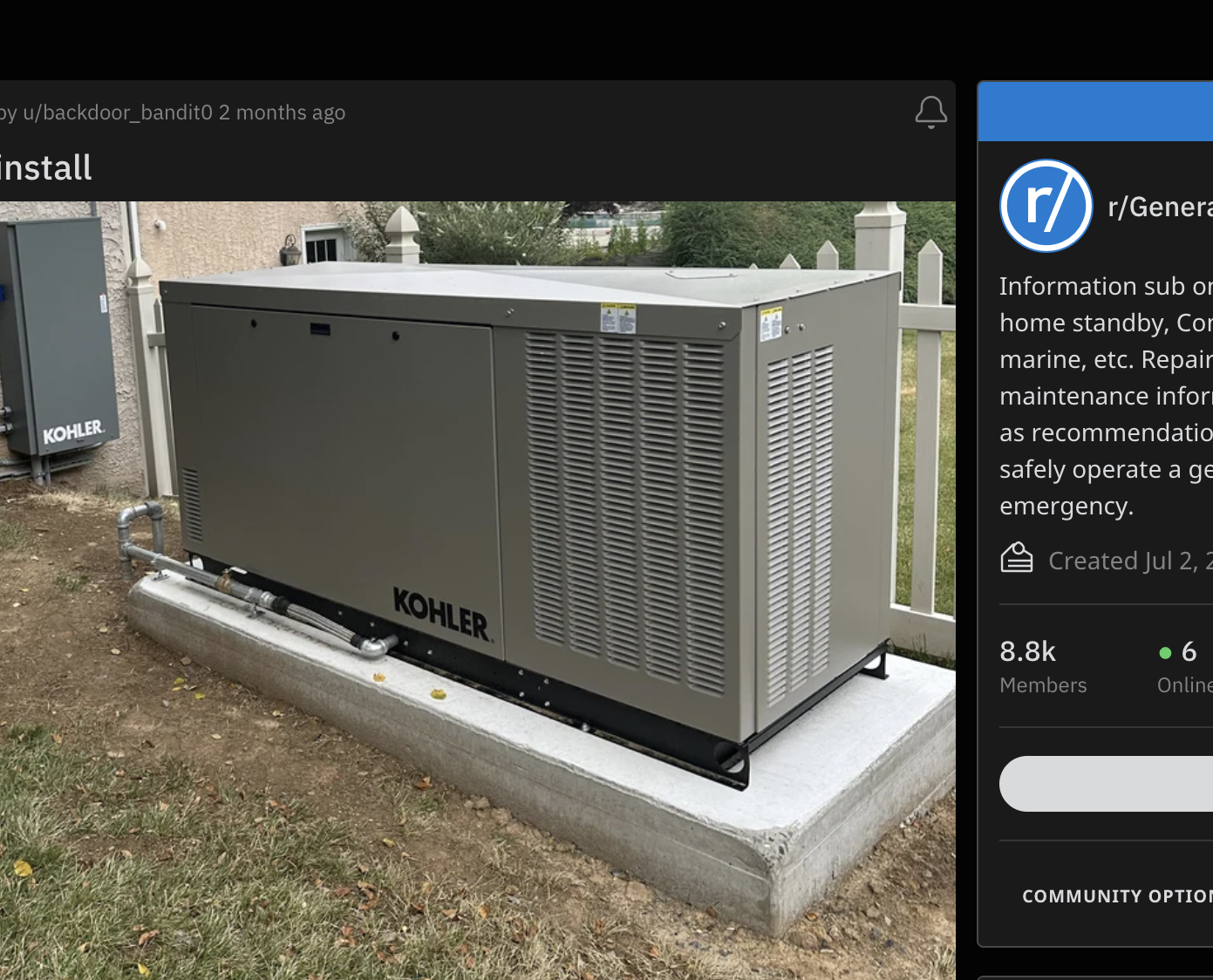 A newly installed generator beside a house with surrounding foliage