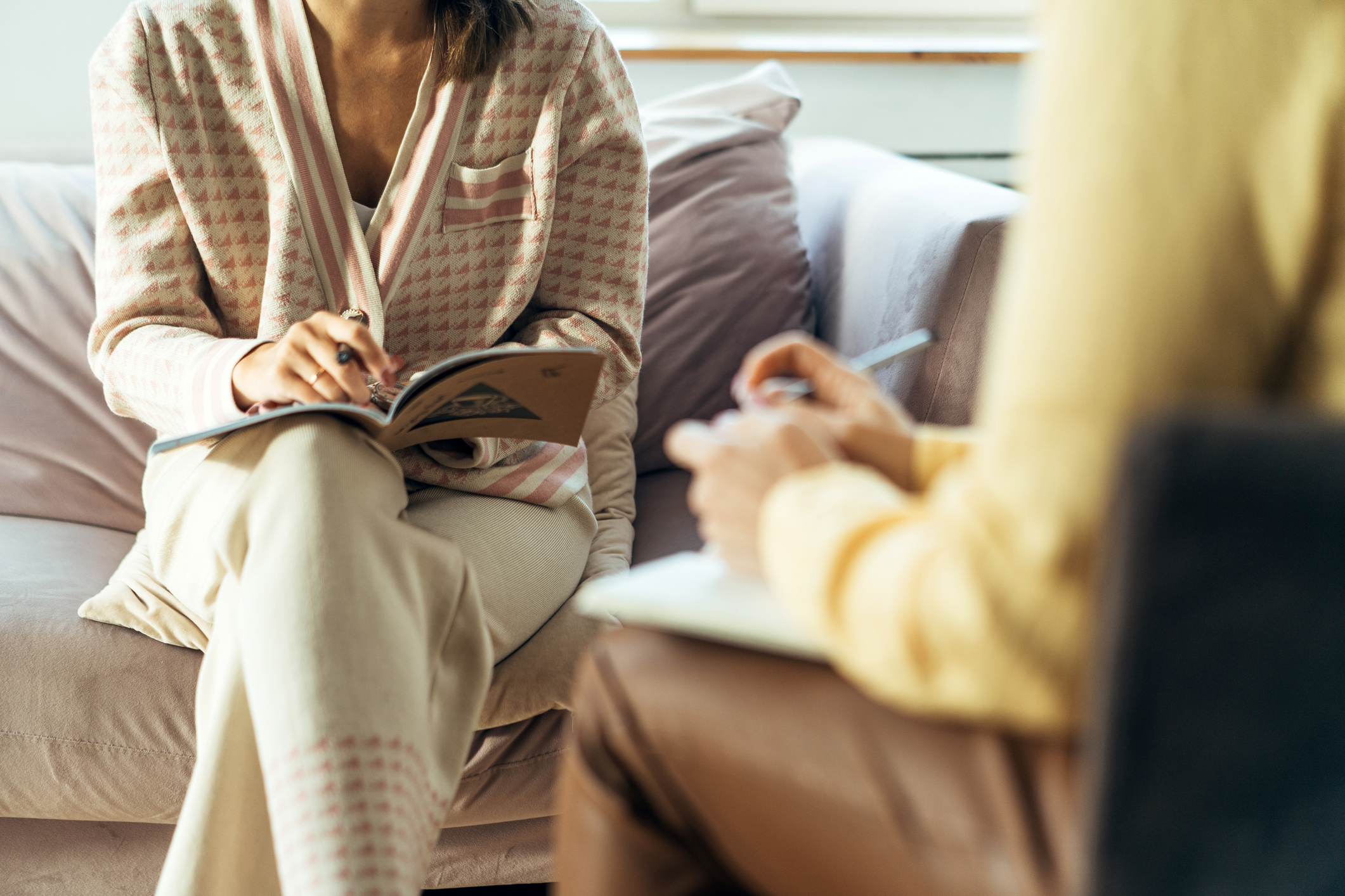 Two individuals are engaged in a relaxed meeting, one taking notes in a notebook. They are seated in a cozy indoor setting