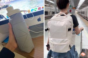 Person holding a collapsible water bottle; another wearing a stylish white backpack at a train station