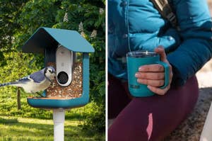 Bird Buddy outdoor bird feeder, model carrying CamelBak insulated mug