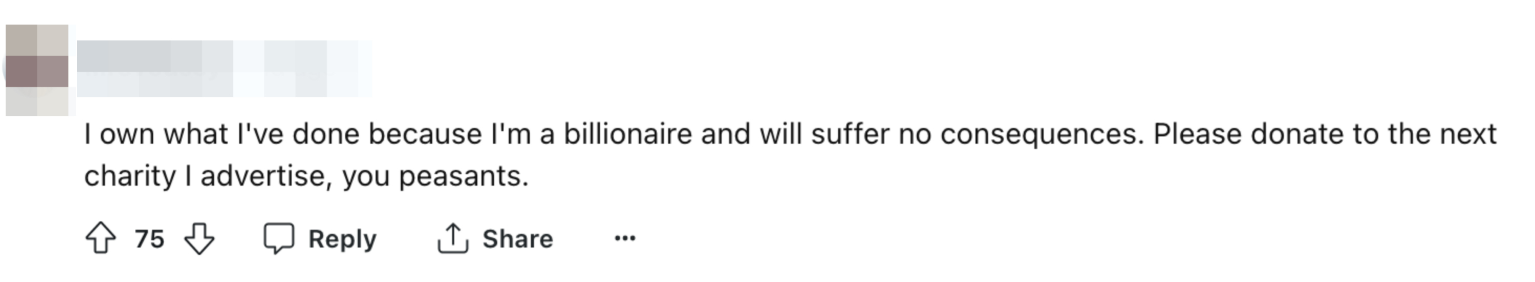 Social media screenshot of a user boasting about wealth and urging others to donate to charity in a condescending tone