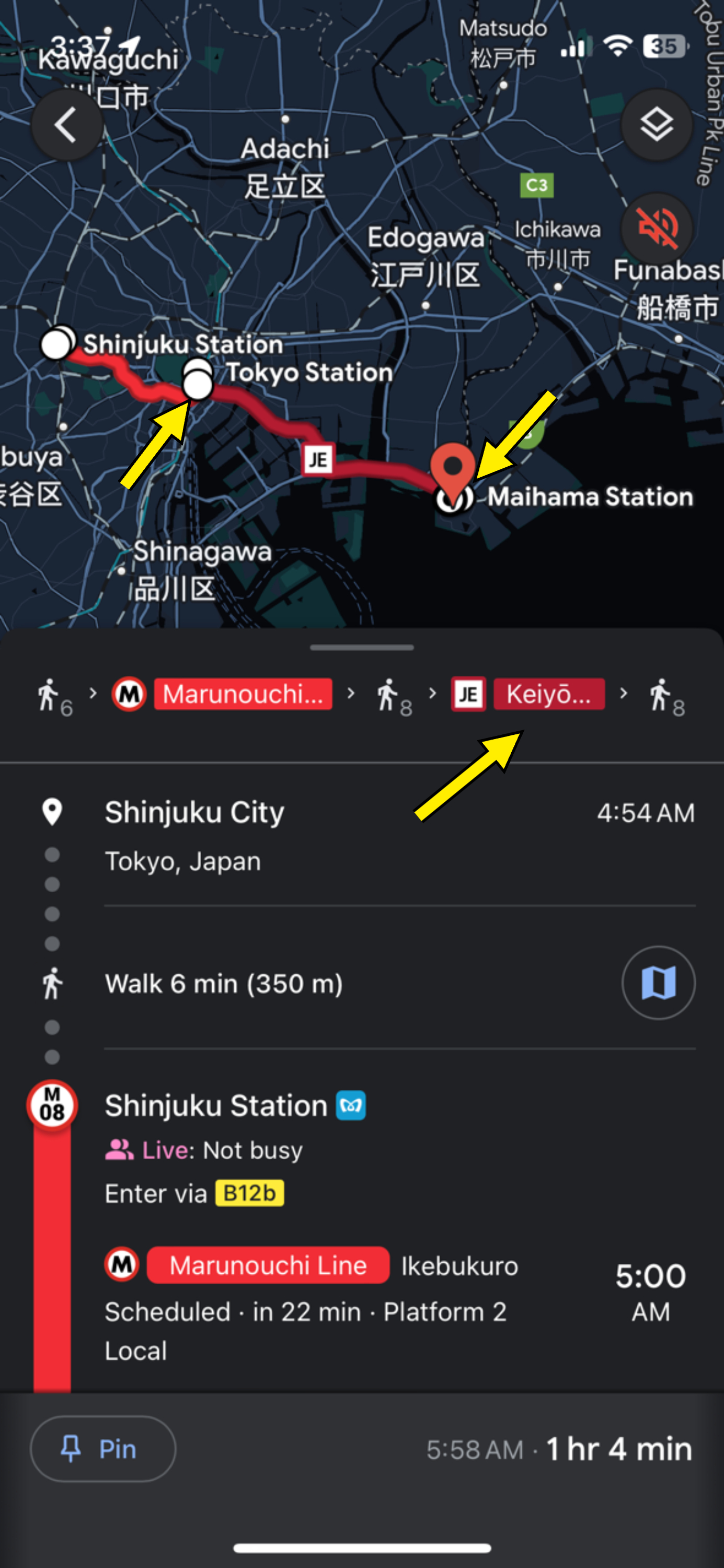 Directions from Shinjuku to Maihama Station on a mapping app, including transit options and times