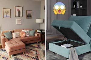 Living room with sectional sofa, patterned rug, and wall art on the left; teal storage ottoman with open lid on the right