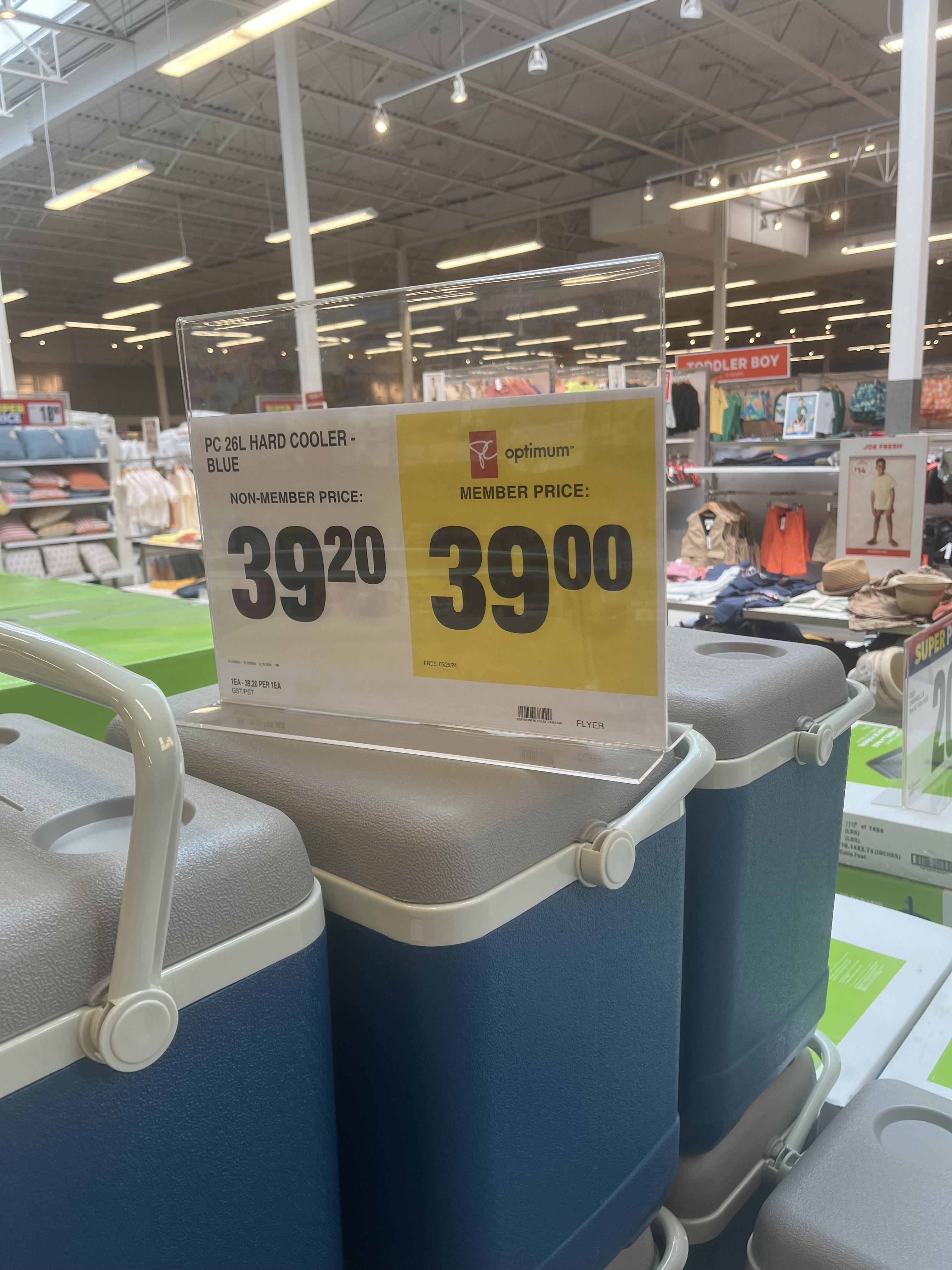 Sign showing a 20 cent discount on a cooler for members at a store
