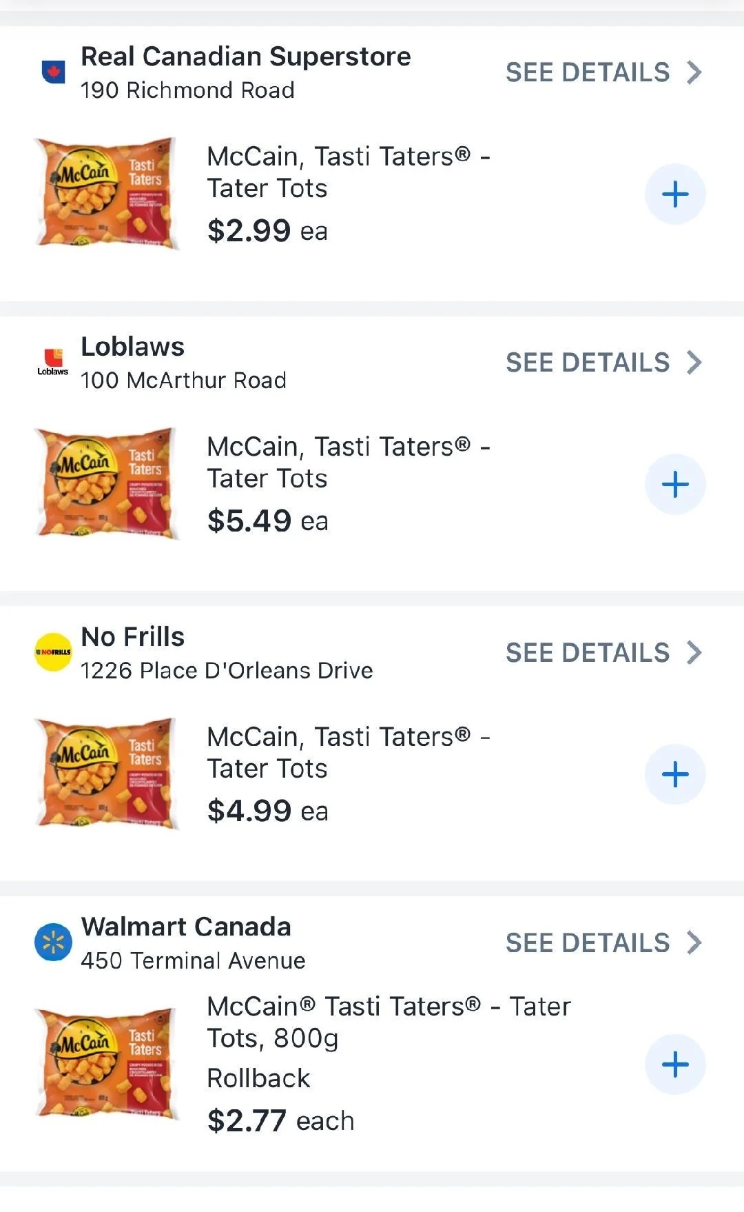 Four product listings for McCain Tasti Taters from different stores with prices and &quot;See Details&quot; links