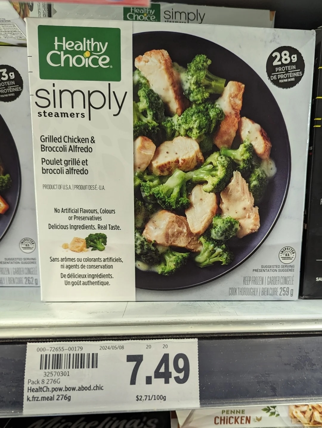 Package of Healthy Choice Simply Steamers Grilled Chicken &amp;amp; Broccoli Alfredo on store shelf, priced at $7.49