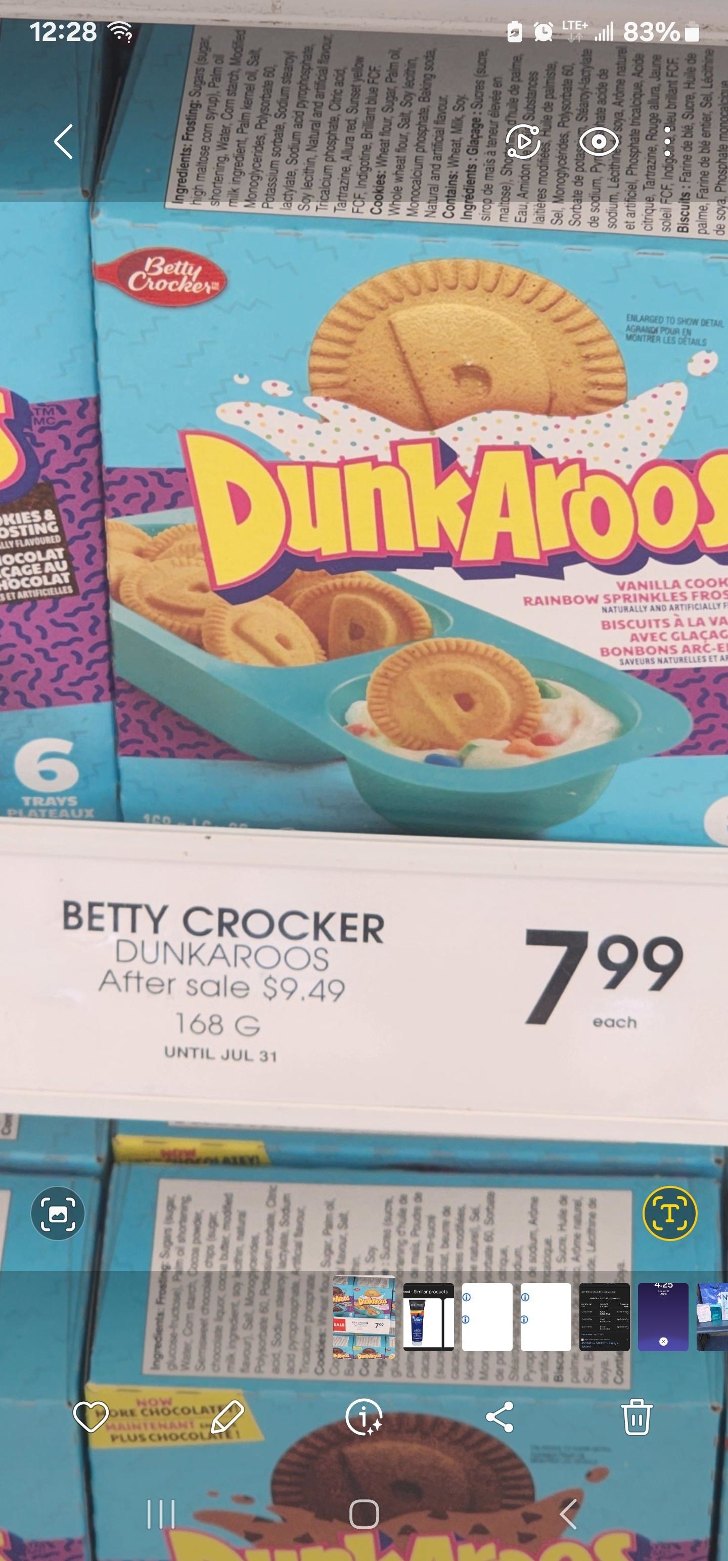 Box of Betty Crocker Dunkaroos snack displayed on a store shelf with a sale sign for $7.99, original price $9.49