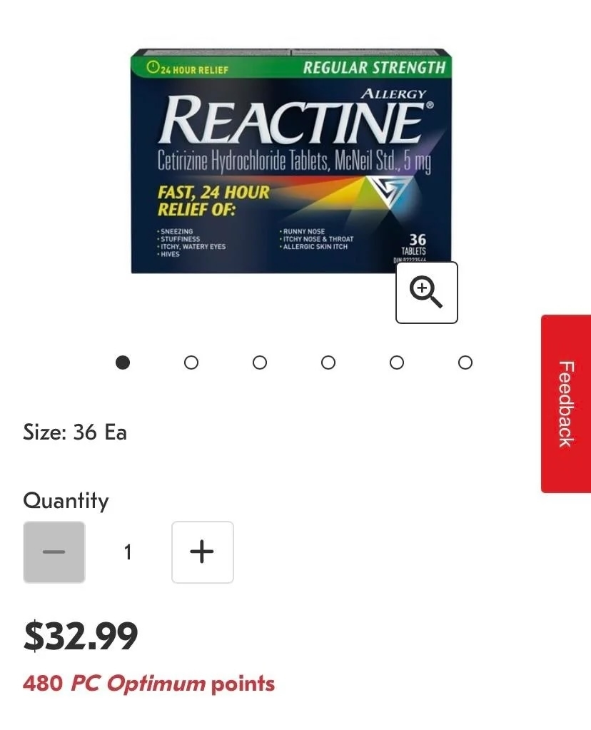 Packaging of Reactine allergy relief tablets with pricing $32.99 and quantity selection on a shopping site