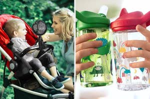 A parent cools a child in a stroller with a fan; two hands hold kids' Camelbak water bottles with dinosaur designs