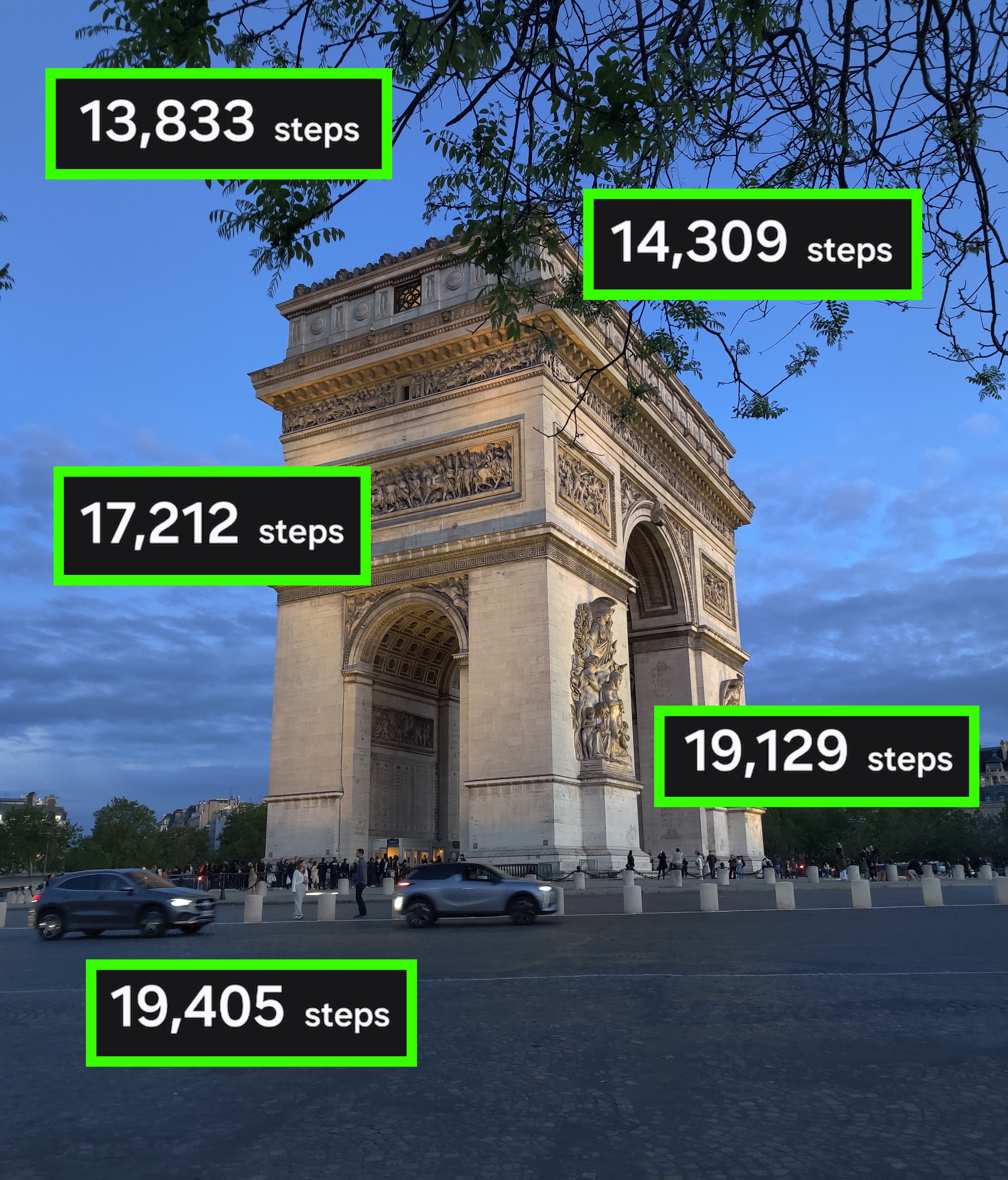 Arc de Triomphe in the evening with people and vehicles nearby