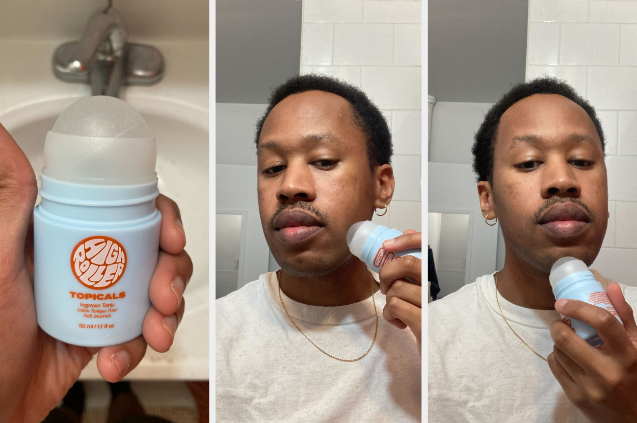 Person holds skincare product, applies it to face in mirror