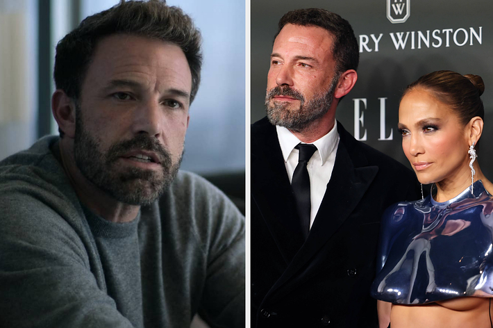 Left: Ben Affleck wearing a gray sweater. Right: Ben Affleck in a black suit and Jennifer Lopez in a futuristic metallic outfit at an event