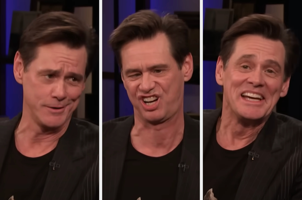 Jim Carrey is shown in three different facial expressions while giving an interview on a talk show, wearing a black jacket over a black graphic t-shirt