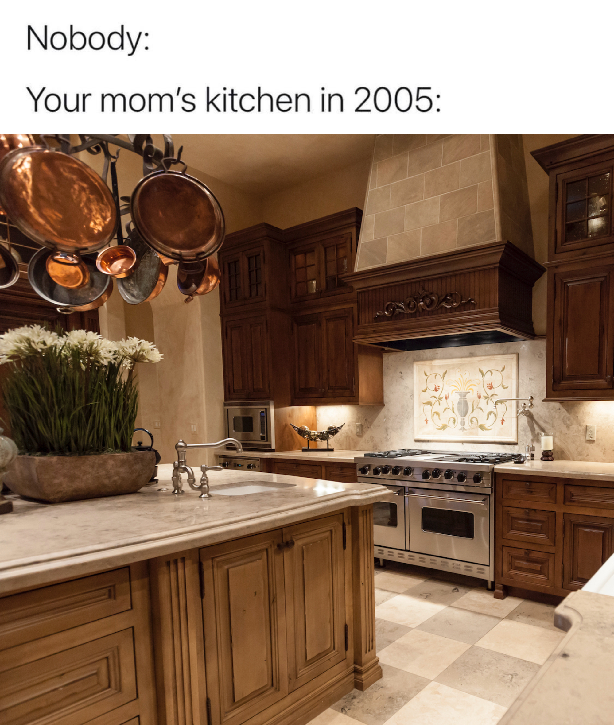 Meme showing a kitchen with &quot;CUCINA&quot; sign, rooster decor, and vintage accessories, captioned with &quot;Your mom&#x27;s kitchen in 2005.&quot;