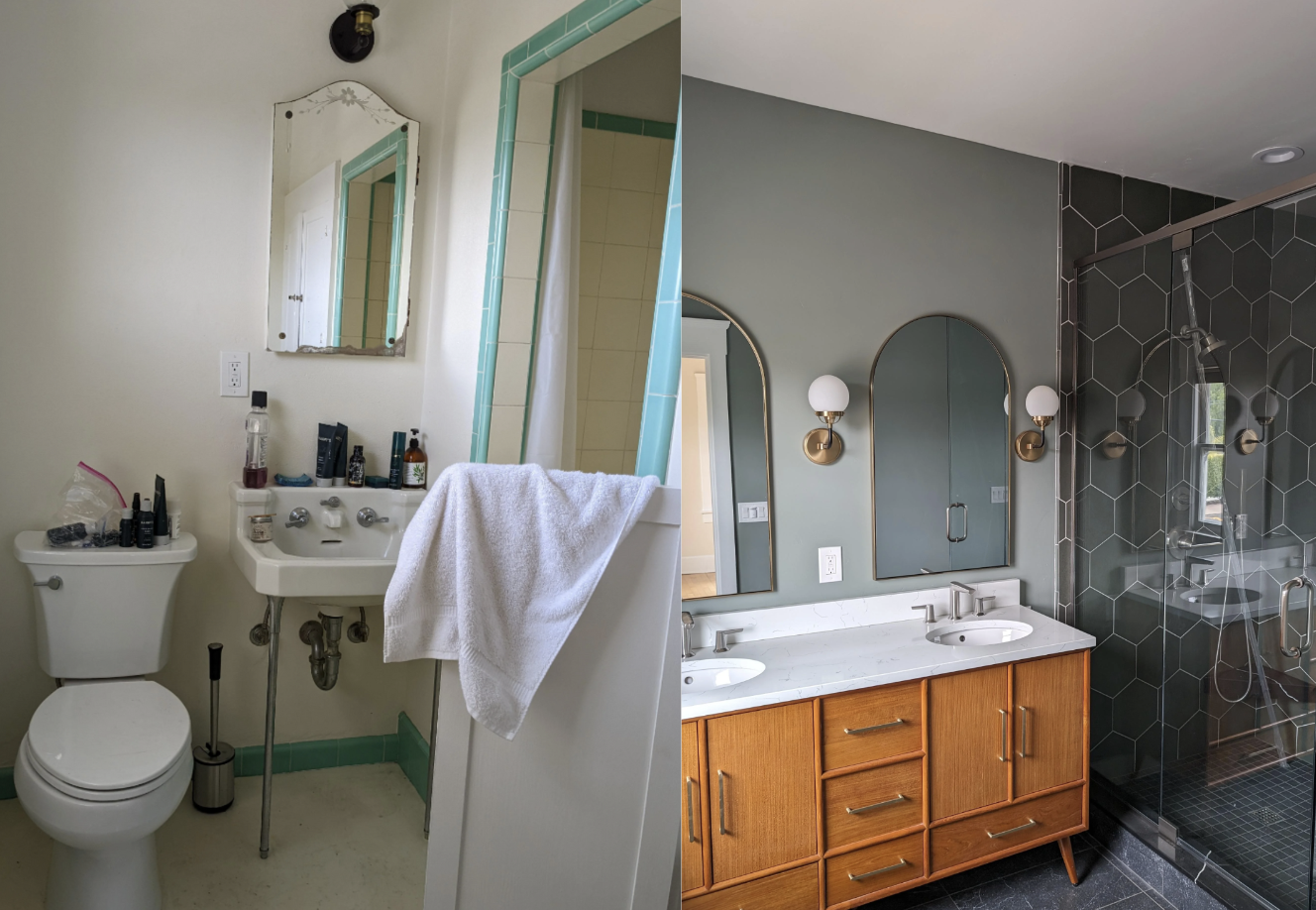 Before and after bathroom renovation comparison: The left side shows an older, compact bathroom with minimal decor. The right side displays a modern, spacious bathroom with dual sinks, large mirrors, and a walk-in shower