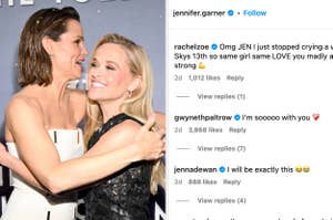 Jennifer Garner hugging Reese Witherspoon. Instagram comment section includes positive comments from Rachel Zoe, Gwyneth Paltrow, and Jenna Dewan