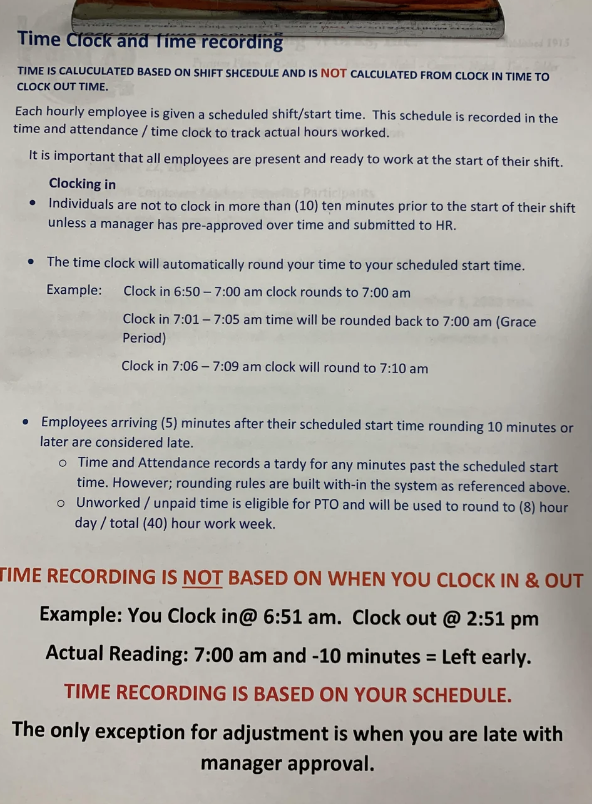 Time Clock and Time recording instructions. Time is based on shift schedule and not clock in time. Highlights rounding periods and policies for early/late arrivals