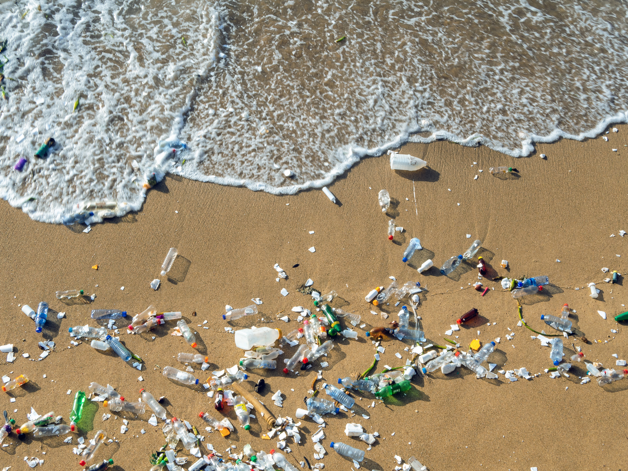 Plastic bottles, containers, and other debris scattered along a sandy beach with waves washing up. The image highlights environmental pollution