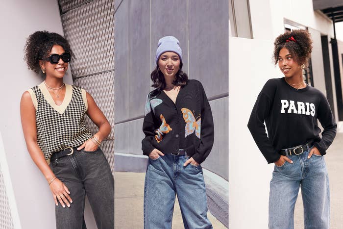 Three women modeling different casual outfits: a sleeveless checkered sweater with jeans, a butterfly cardigan with a beanie and jeans, and a &quot;Paris&quot; sweatshirt with jeans and a headband