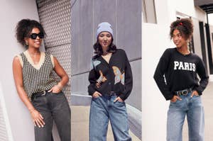 From left to right, the image shows three women modeling different casual outfits: a checkered vest, a butterfly cardigan, and a "Paris" sweater