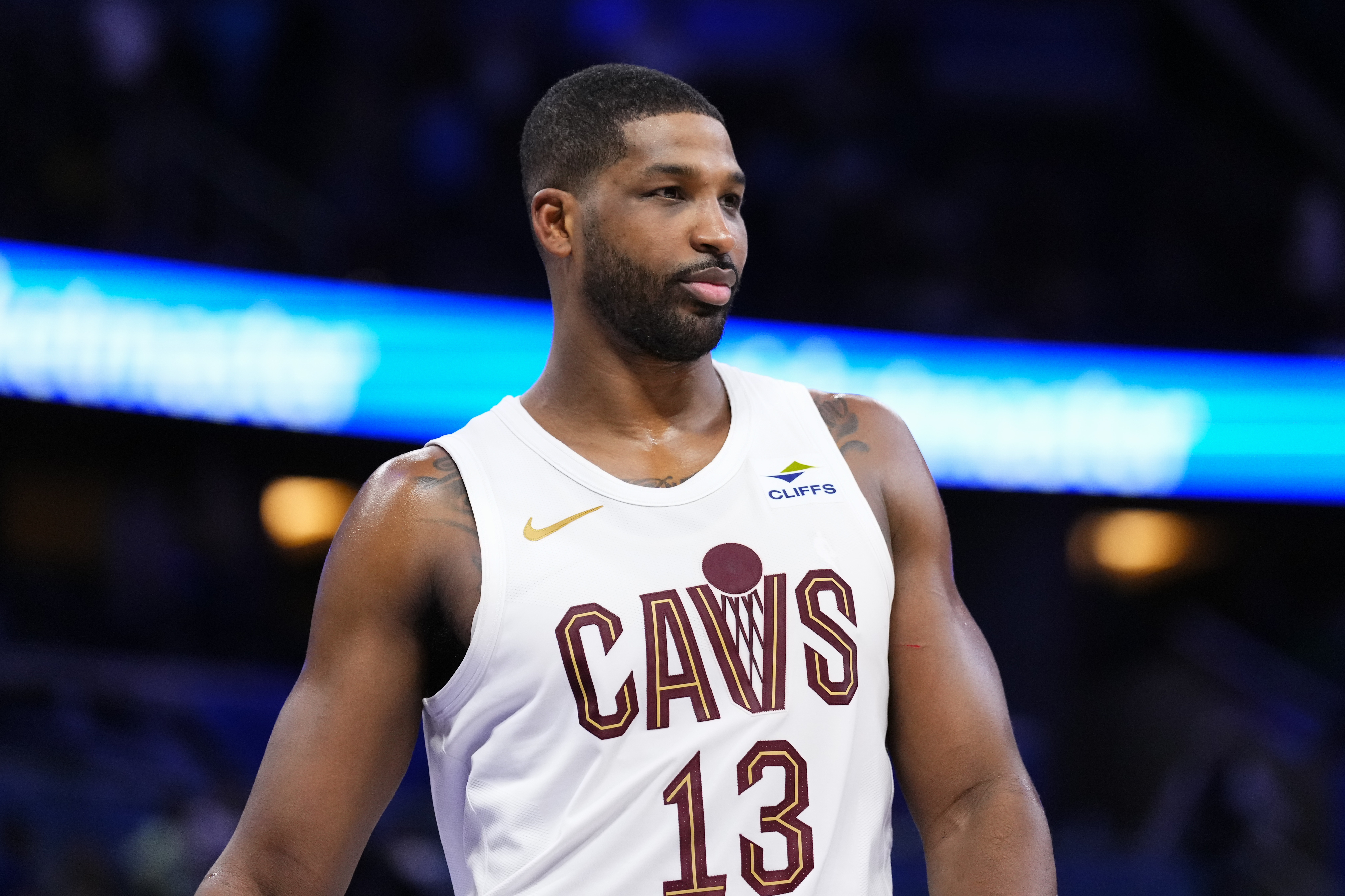 Tristan Thompson in a Cavaliers jersey with the number 13, during a basketball game