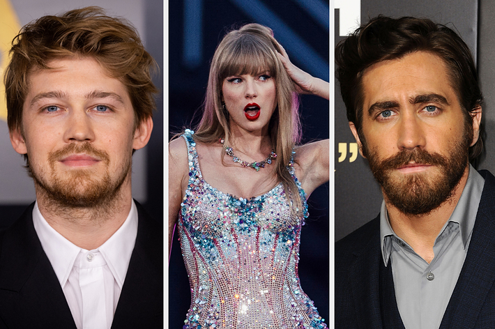 Joe Alwyn, Taylor Swift, and Jake Gyllenhaal are pictured. Taylor Swift is performing in a sparkling outfit, while Joe Alwyn and Jake Gyllenhaal are posing on the red carpet