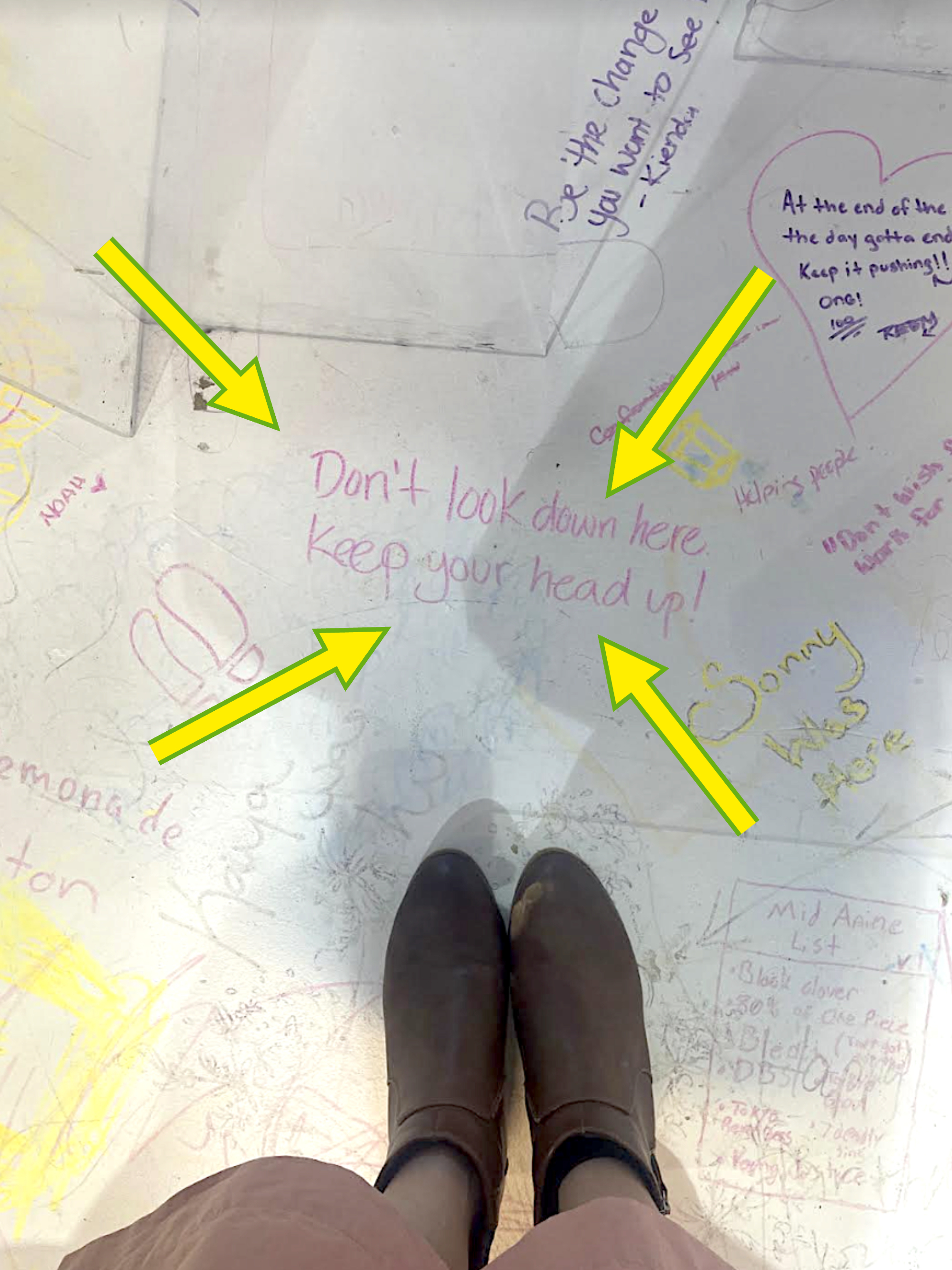 Person standing on a surface covered with positive handwritten messages, including &quot;Don&#x27;t look down here, keep your head up!&quot; and &quot;Be the change you wish to see - Gandhi.&quot;