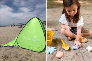 Beach scene with a Sunbayouth sunshade on the left; on the right, a young girl plays with beach toys in the sand