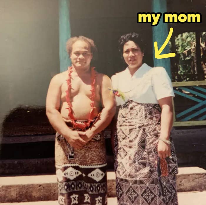 A shirtless man wearing traditional patterned clothing stands next to a woman, labeled &quot;my mom,&quot; who is dressed in a patterned skirt and white blouse