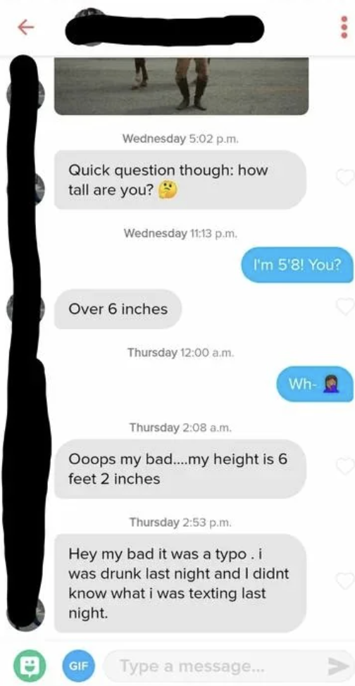 Text conversation where a user asks about height and gives a confusing answer, later clarifies it was a typo and states their correct height as 6 feet 2 inches